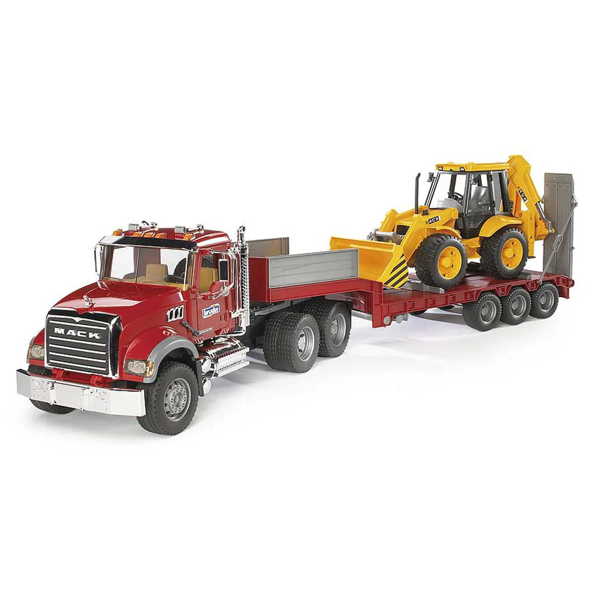 1/16 Mack Granite Semi Truck with Low Loader Trailer & JCB Backhoe Loader by Bruder