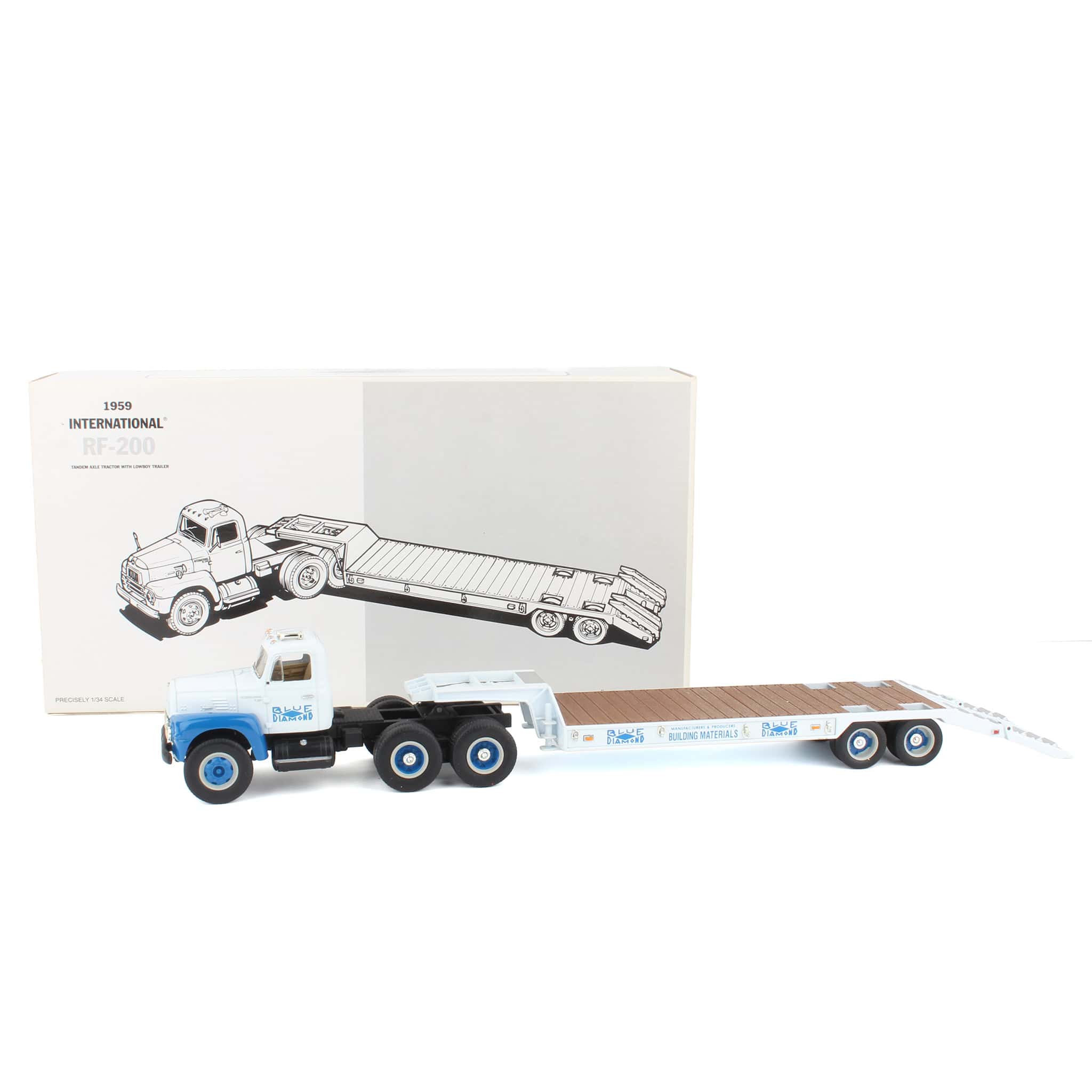 1/34 1959 International RF-200 Tandem Axle Truck with Lowboy Trailer, Blue Diamond by First Gear