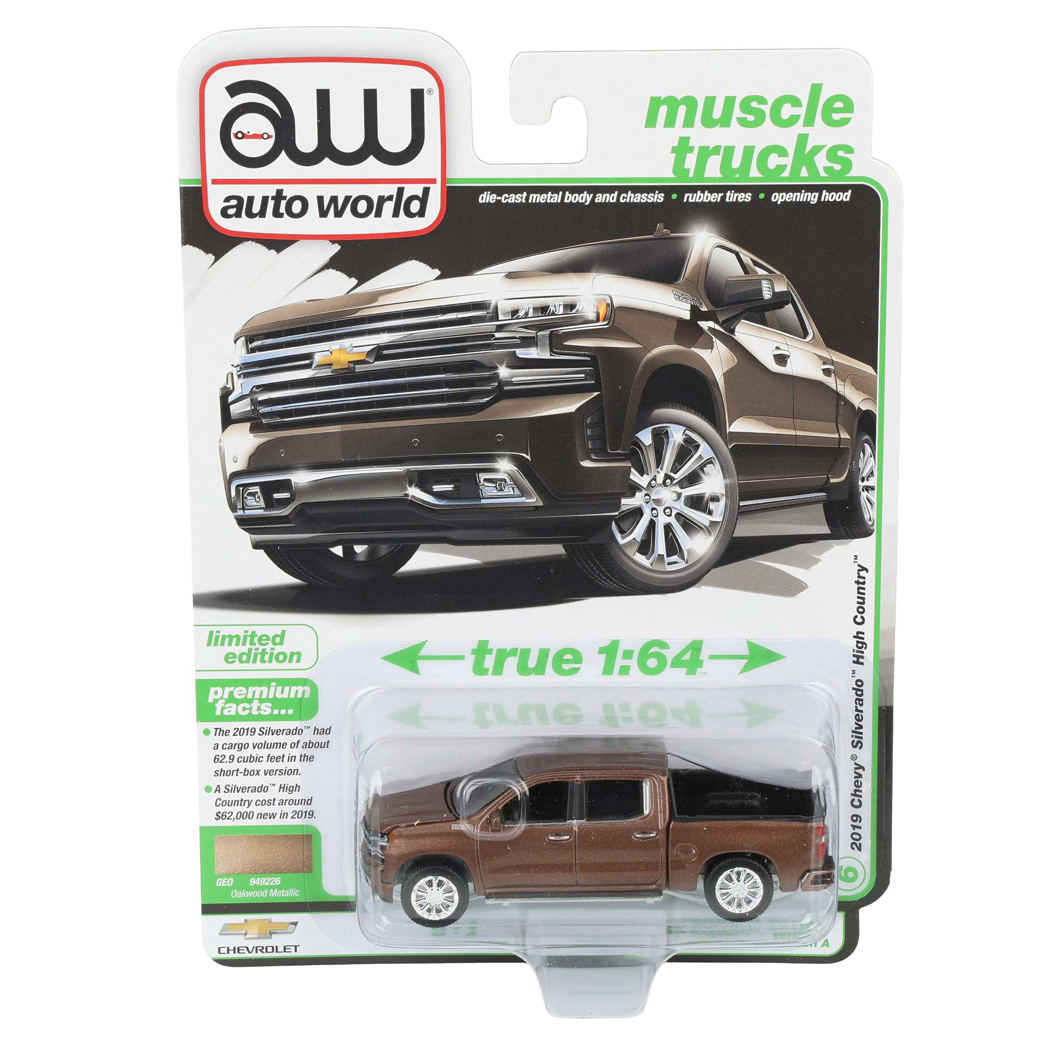 1/64 2019 Chevy Silverado High Country Pickup Truck, Oakwood Metallic, Auto World Muscle Trucks Series