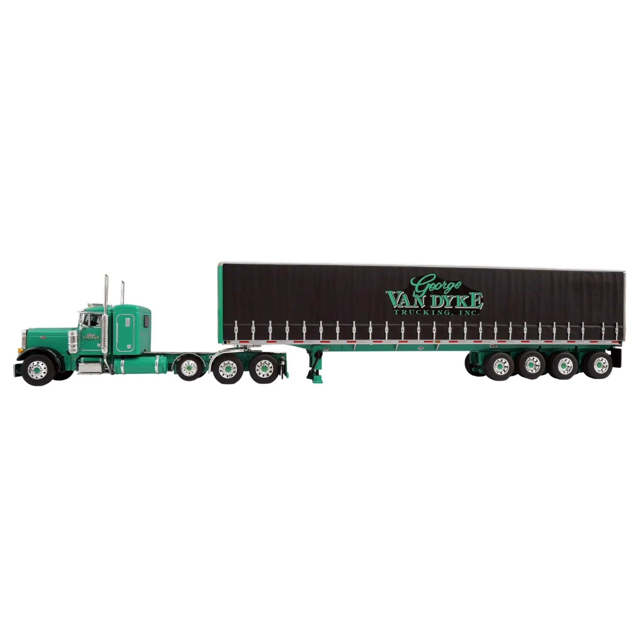 1/64 Green Peterbilt 379 Semi Truck with Van Dyke Trucking Curtain-Side Trailer, DCP by First Gear