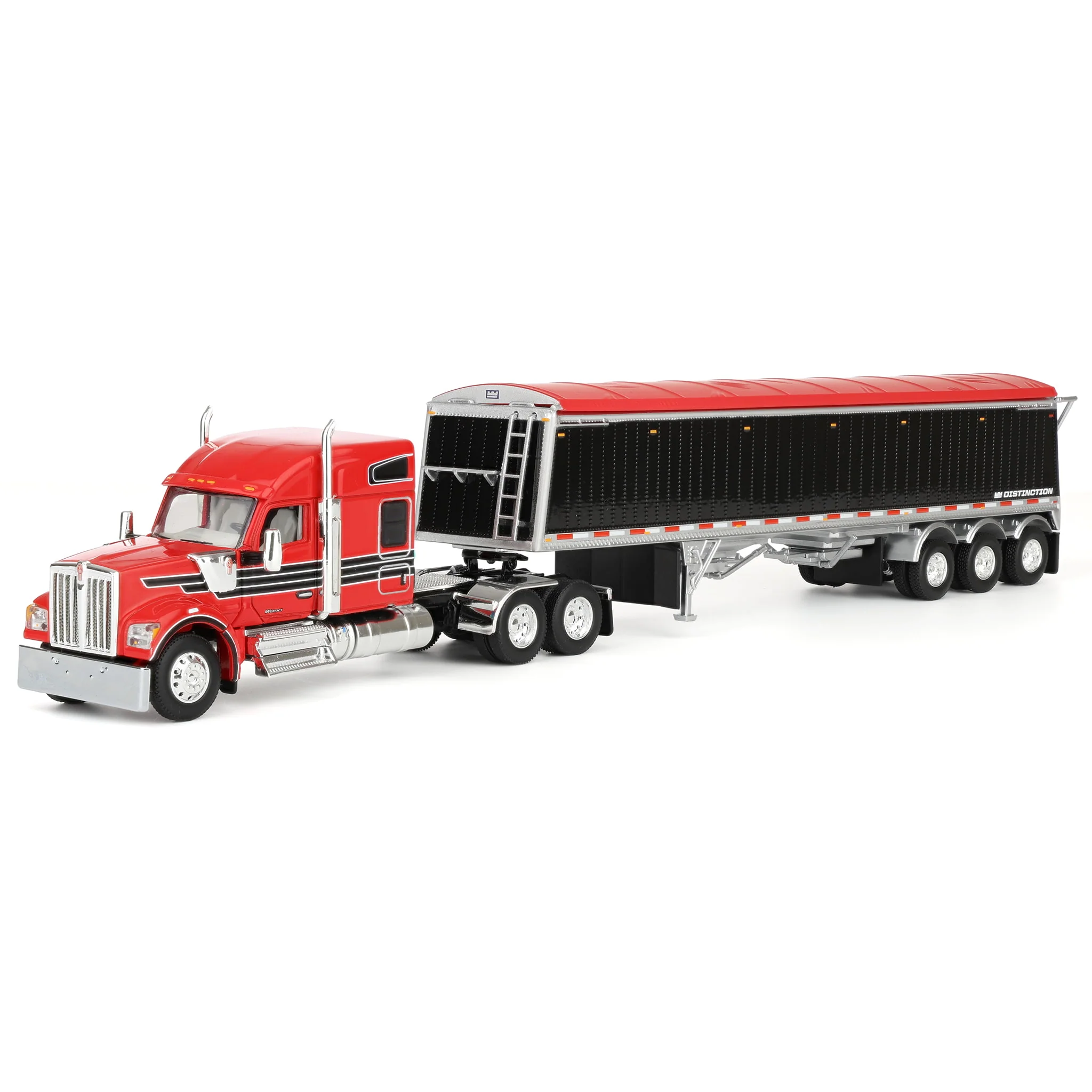 1/64 Kenworth W990 Semi Truck & Lode King Hopper Trailer, Red/Black, DCP by First Gear