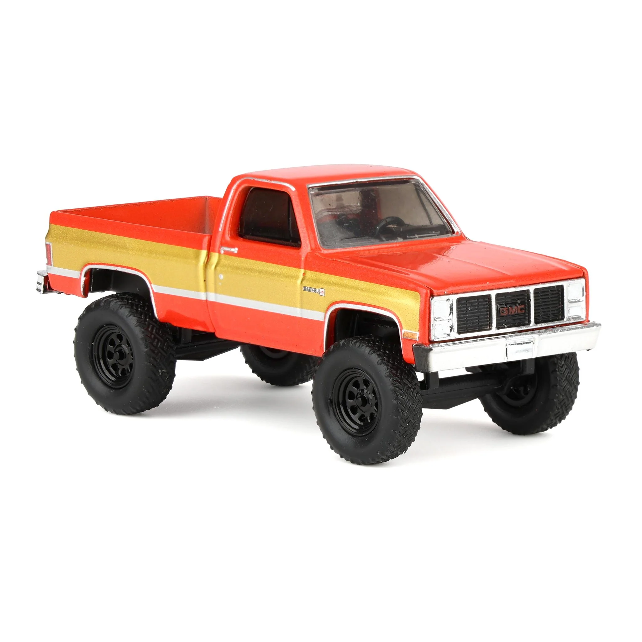 1/64 Lifted 1987 GMC K2500 High Sierra Pickup Truck, Volcanic Red & Gold Dealer Exclusive by GreenLight Collectibles - Image 2