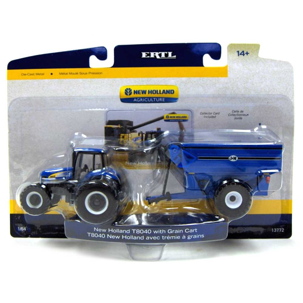1/64 New Holland T8040 Tractor with Rear Duals & Blue J&M Grain Cart by ERTL - Image 2