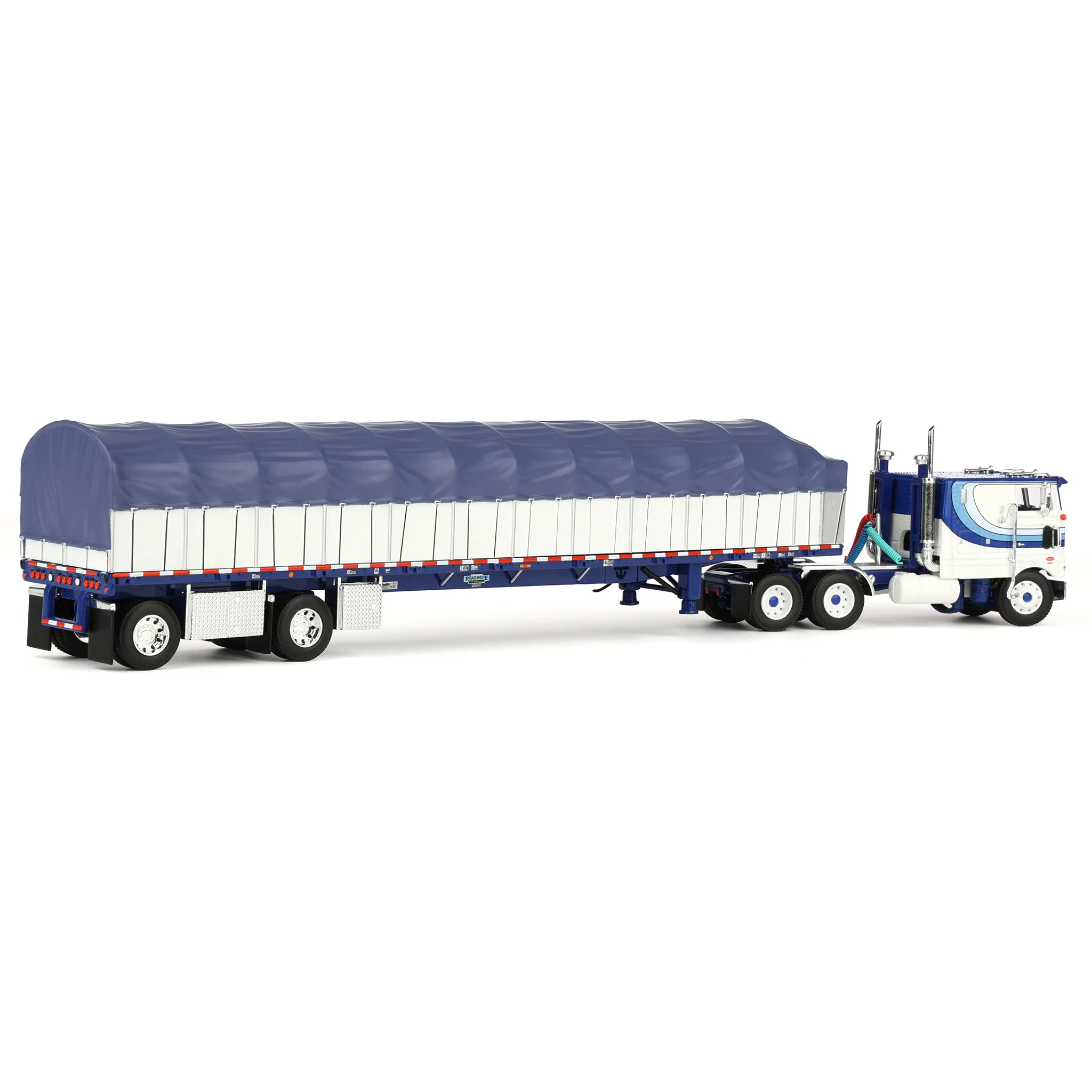 1/64 Peterbilt 352 COE Semi Truck with Wilson Roadbrute Flatbed & Covered Wagon, White/Blue, DCP by First Gear - Image 3
