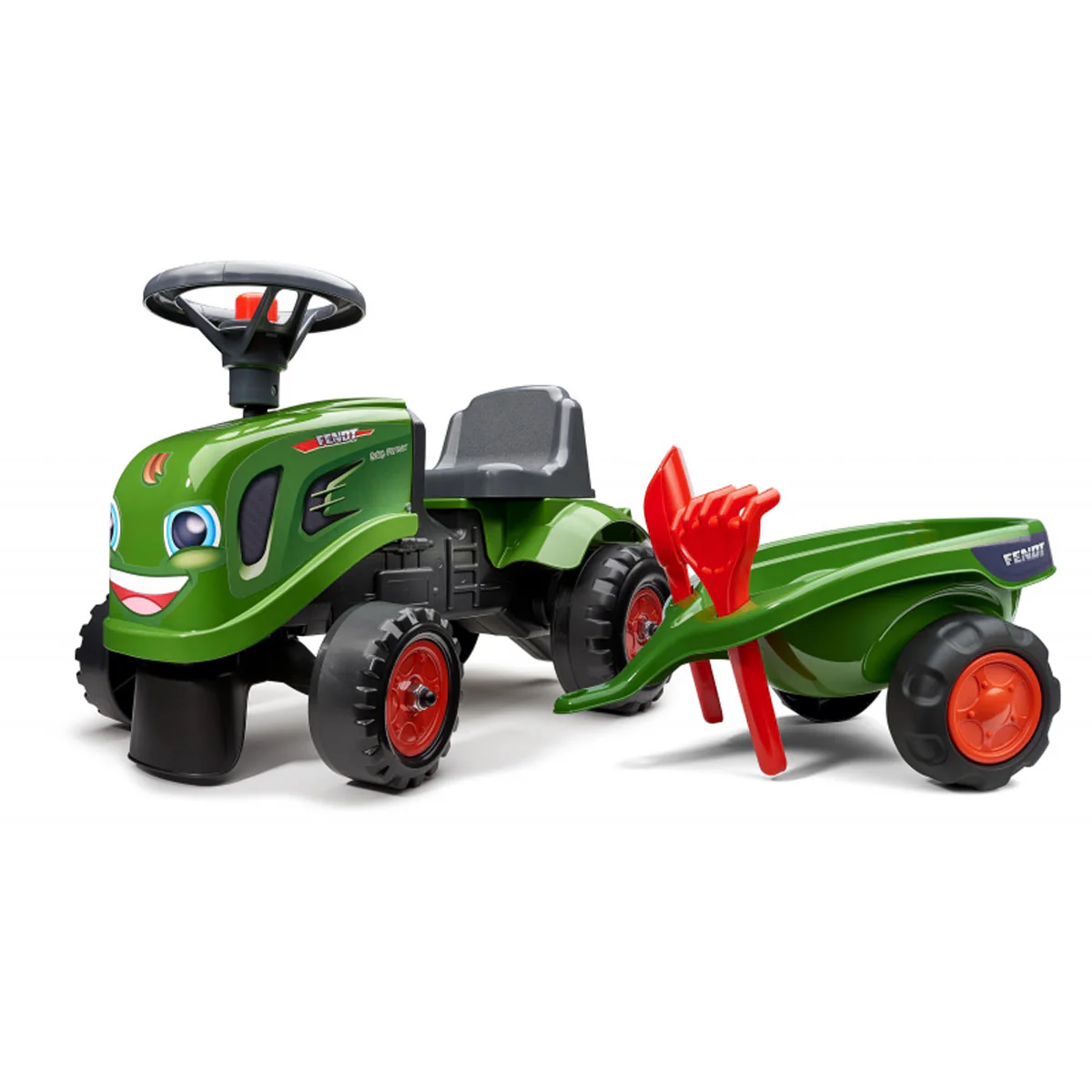 Fendt Ride-on & Push-along Tractor with Trailer, Rake, Shovel & 2 Sticker Sets by Falk - Image 2