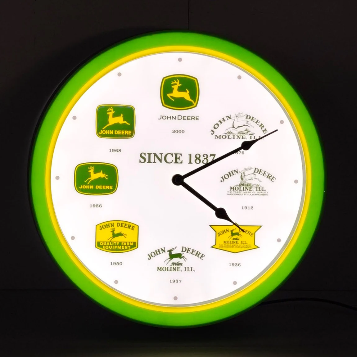 John Deere Logo History LED Clock with Past & Present Logos, 14in Round