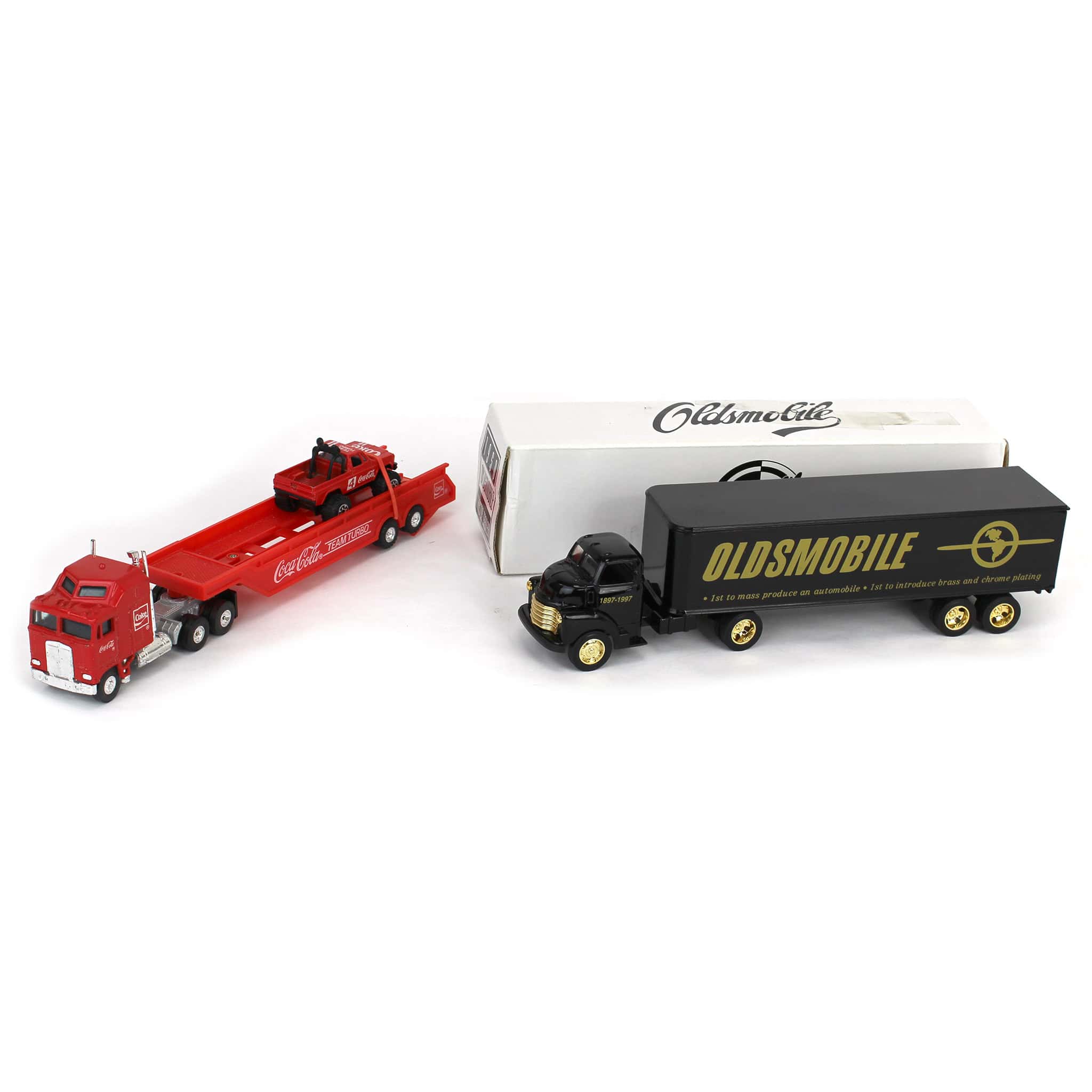 Lot of (1) Chevy Cab with Oldsmobile Box Trailer and (1) Coke-Cola Team Turbo Semi with Vehicle Transport