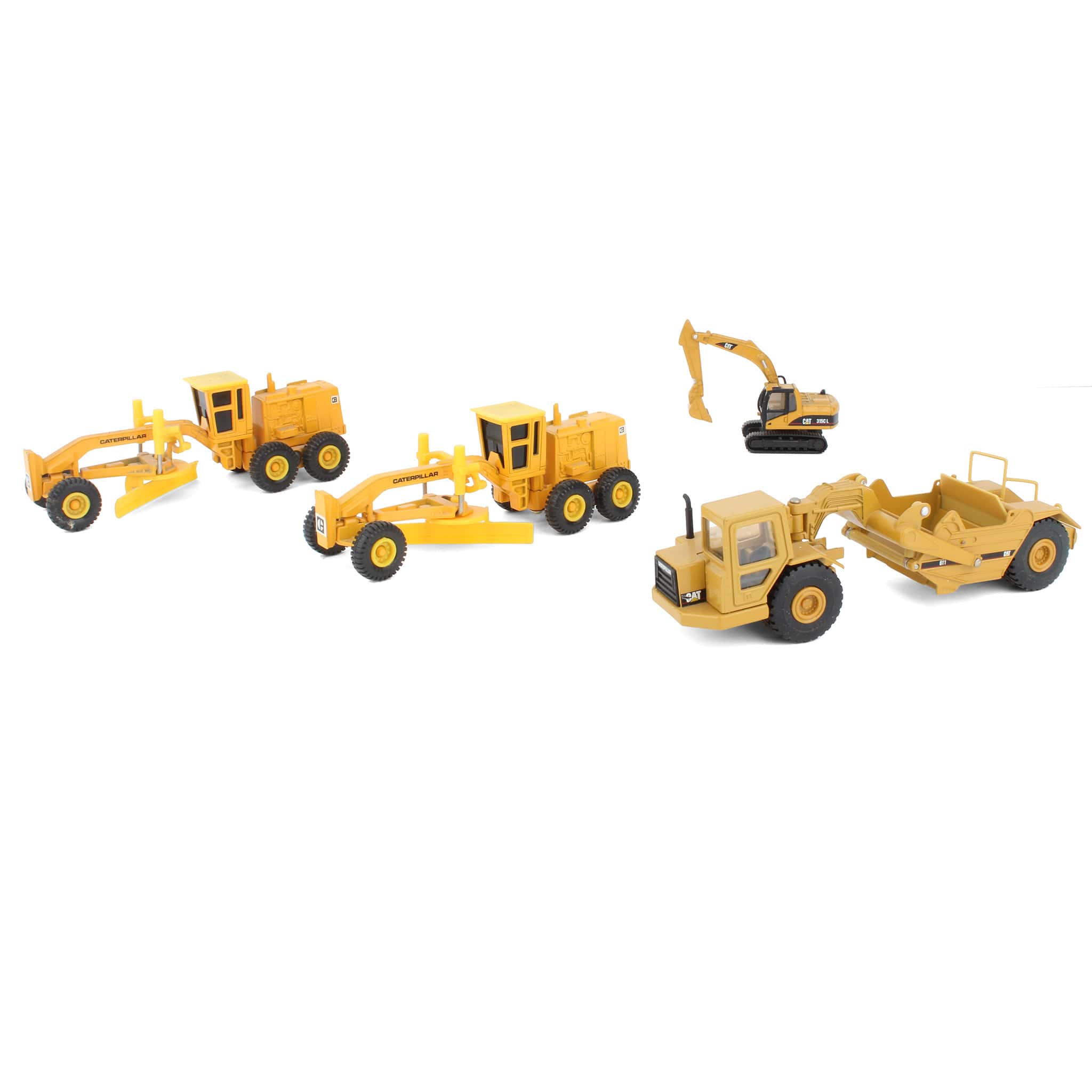Lot of (2) 1/64 Caterpillar graders, (1) 1/64 CAT scraper, and (1) 1/87 CAT excavator